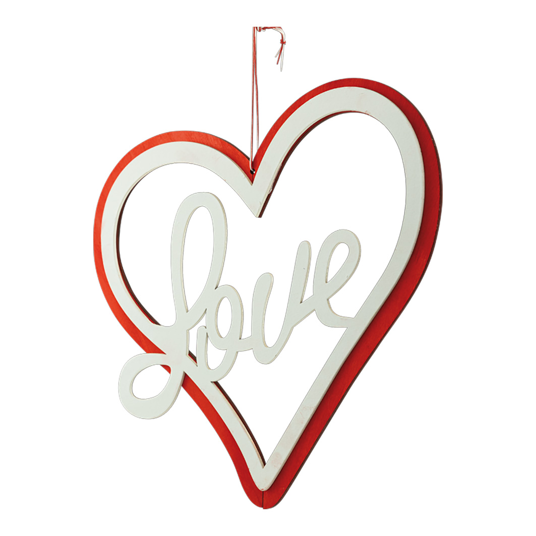 Hjärta i trä med text "Love" 30x25cm röd/vit