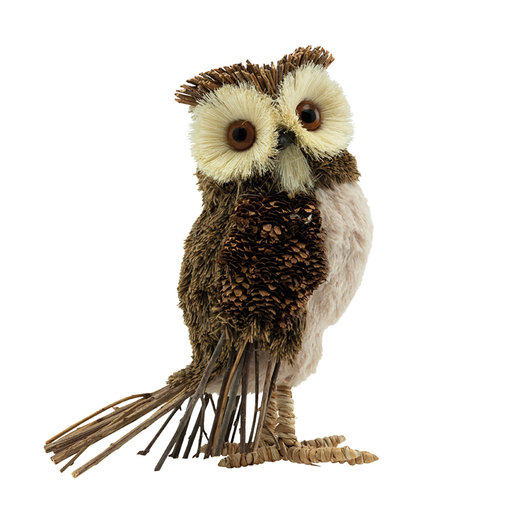 Uggla med kottar och trägrenar 27cm brun/vit