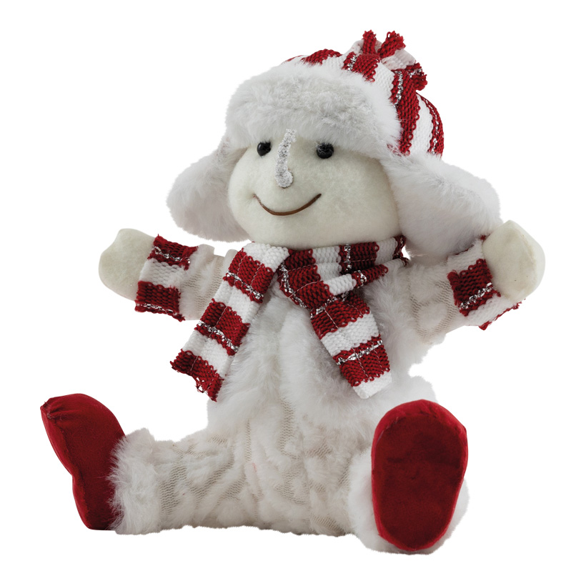 Snögubbe sittande med hatt 23cm vit/röd